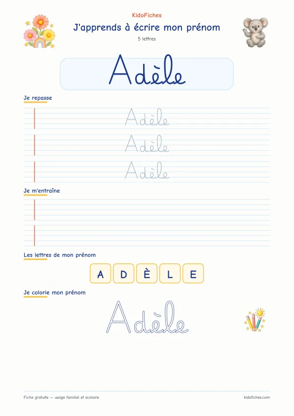 Aperçu de la fiche prénom Adèle en écriture cursive