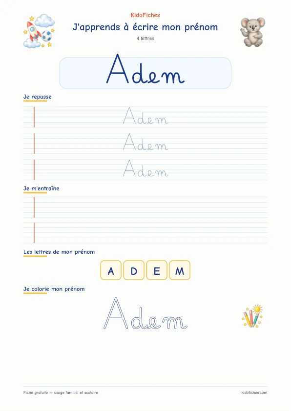 Aperçu de la fiche prénom Adem en écriture cursive