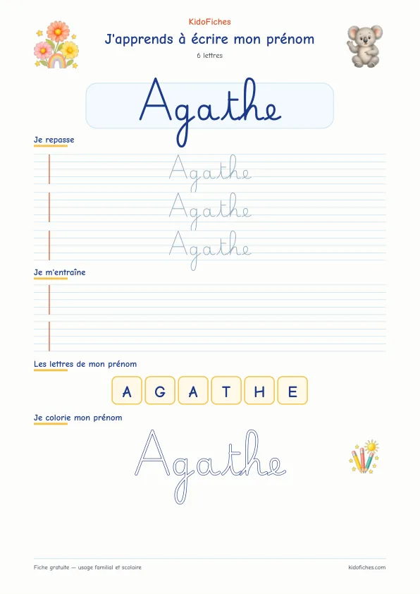 Aperçu de la fiche prénom Agathe en écriture cursive