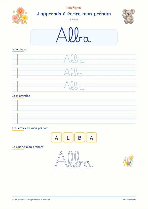 Aperçu de la fiche prénom Alba en écriture cursive