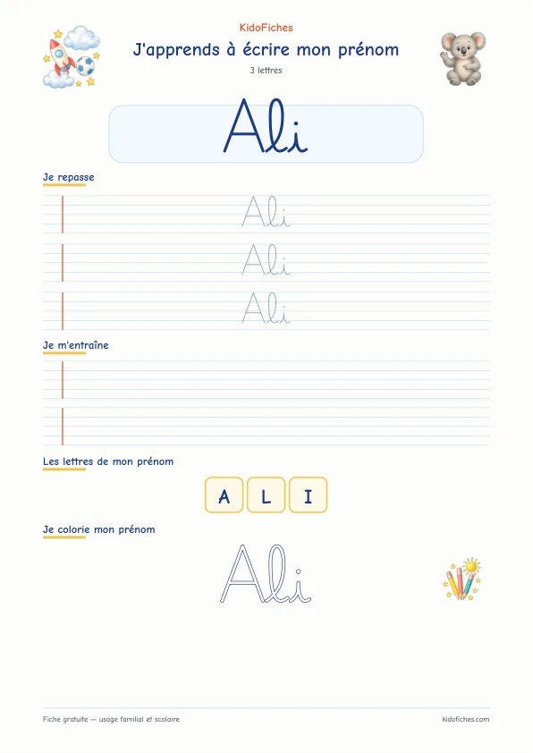 Aperçu de la fiche prénom Ali en écriture cursive
