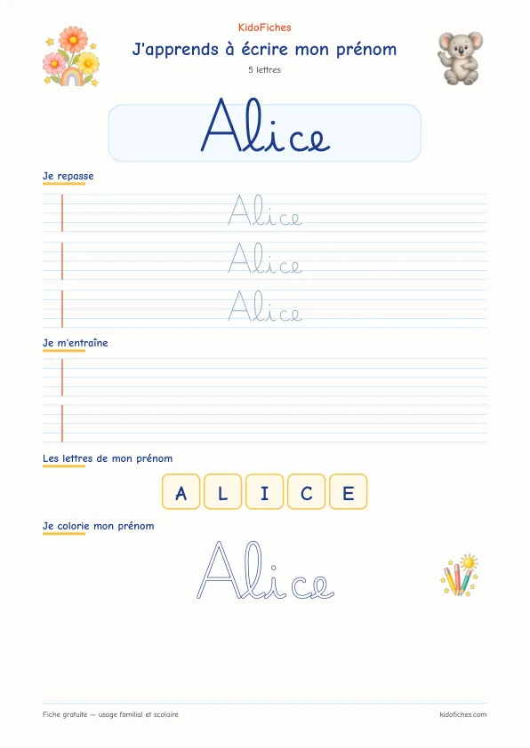 Aperçu de la fiche prénom Alice en écriture cursive