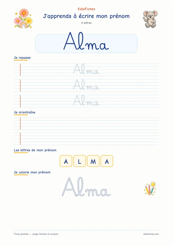 Aperçu de la fiche prénom Alma en écriture cursive