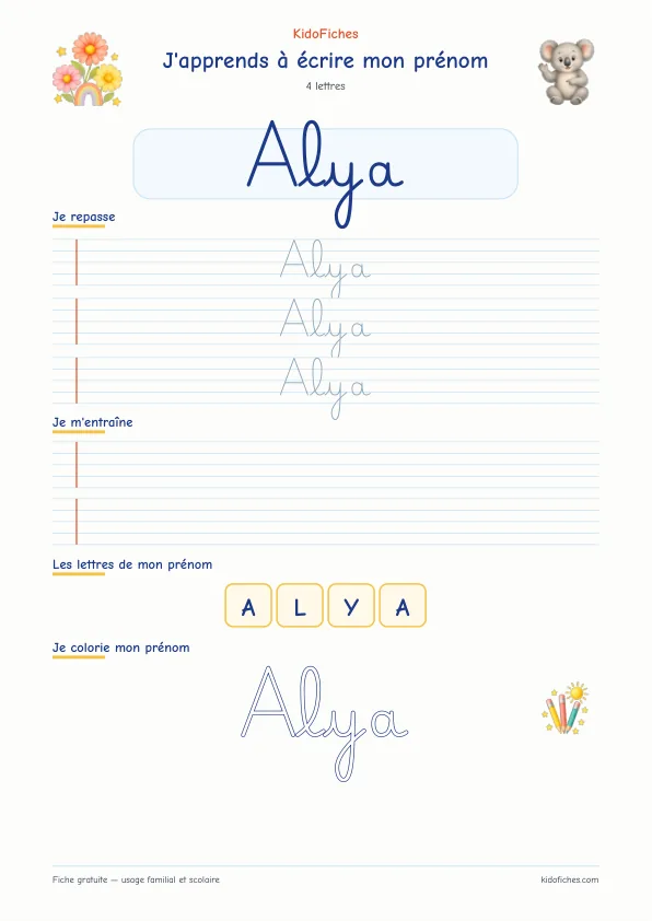 Aperçu de la fiche prénom Alya en écriture cursive