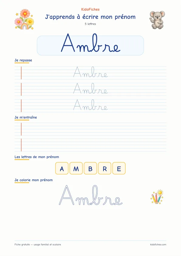 Aperçu de la fiche prénom Ambre en écriture cursive