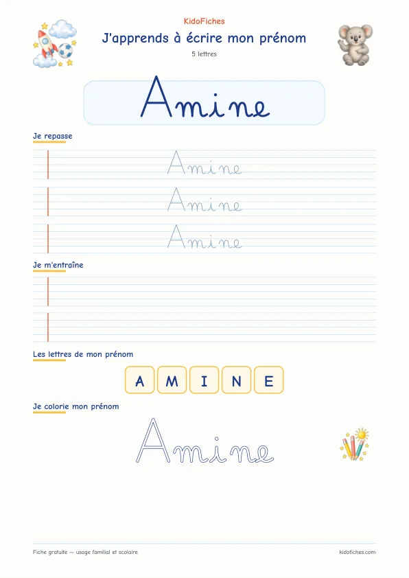 Aperçu de la fiche prénom Amine en écriture cursive