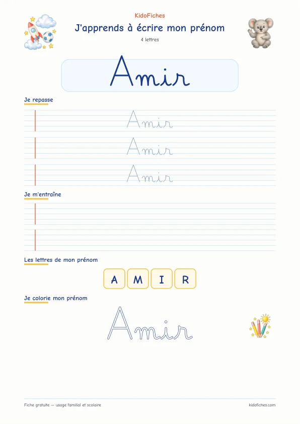 Aperçu de la fiche prénom Amir en écriture cursive