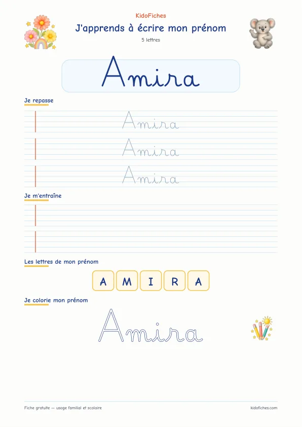 Aperçu de la fiche prénom Amira en écriture cursive