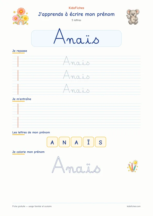 Aperçu de la fiche prénom Anaïs en écriture cursive