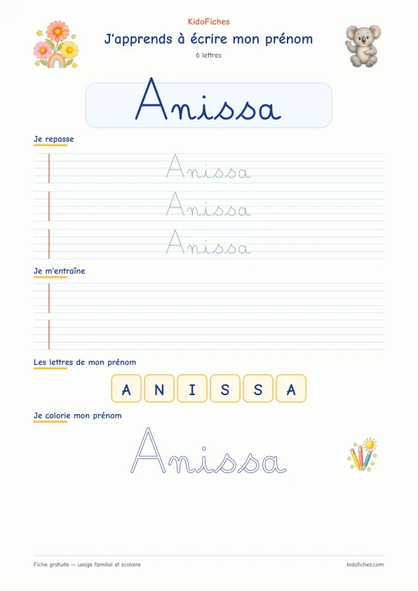 Aperçu de la fiche prénom Anissa en écriture cursive