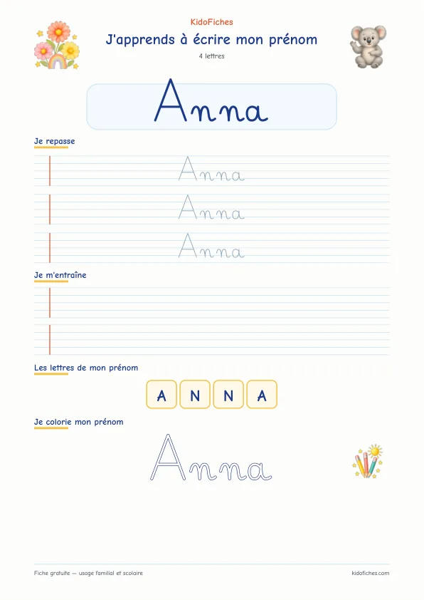 Aperçu de la fiche prénom Anna en écriture cursive