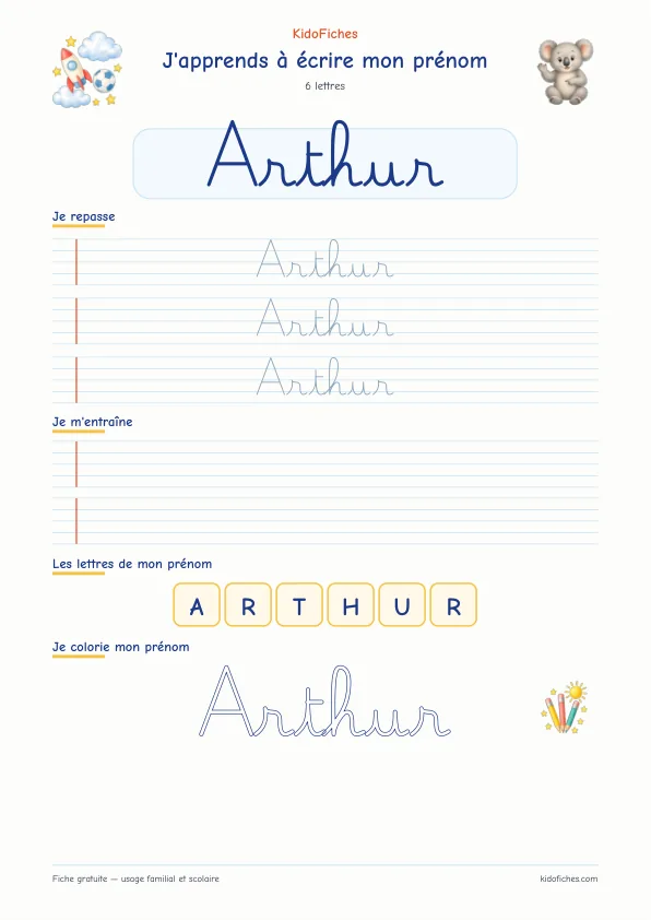 Aperçu de la fiche prénom Arthur en écriture cursive