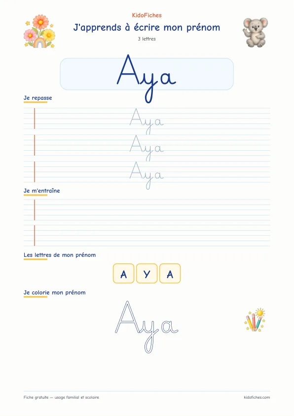 Aperçu de la fiche prénom Aya en écriture cursive