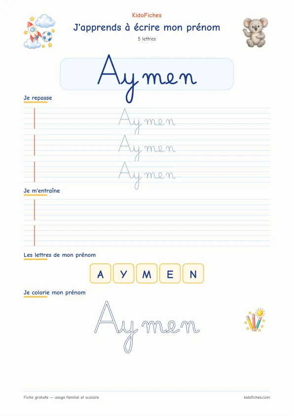 Aperçu de la fiche prénom Aymen en écriture cursive