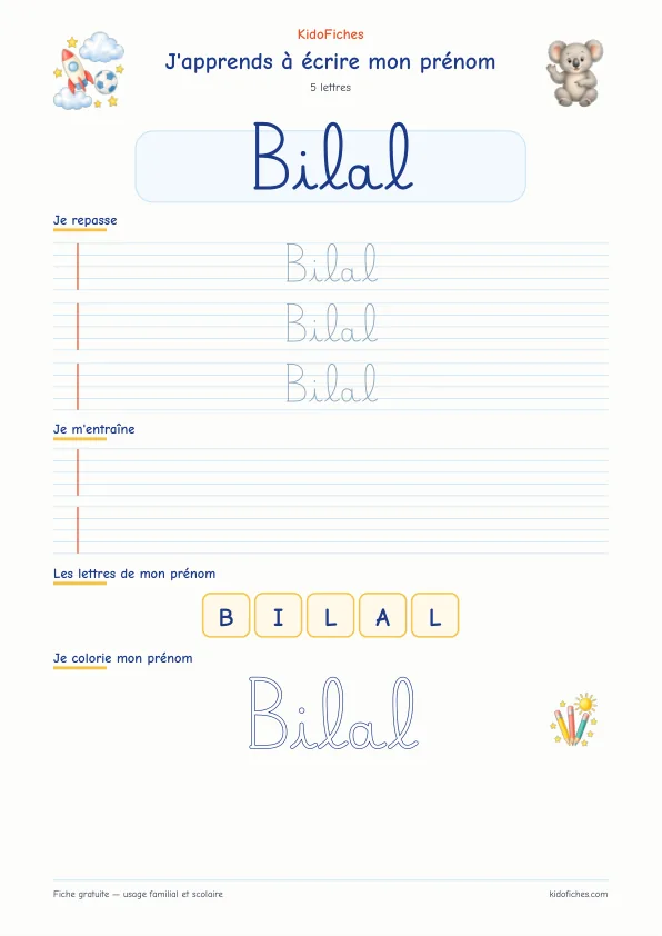 Aperçu de la fiche prénom Bilal en écriture cursive