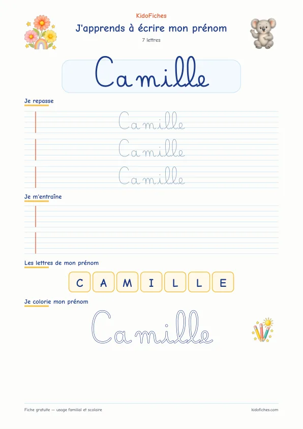 Aperçu de la fiche prénom Camille en écriture cursive