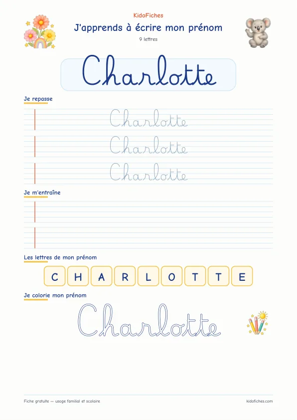 Aperçu de la fiche prénom Charlotte en écriture cursive