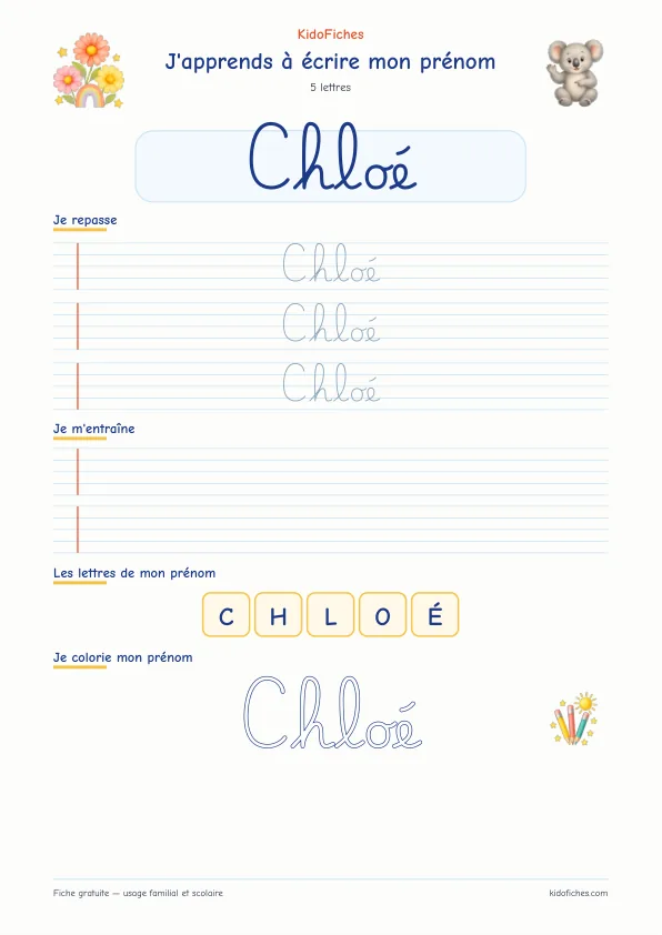 Aperçu de la fiche prénom Chloé en écriture cursive