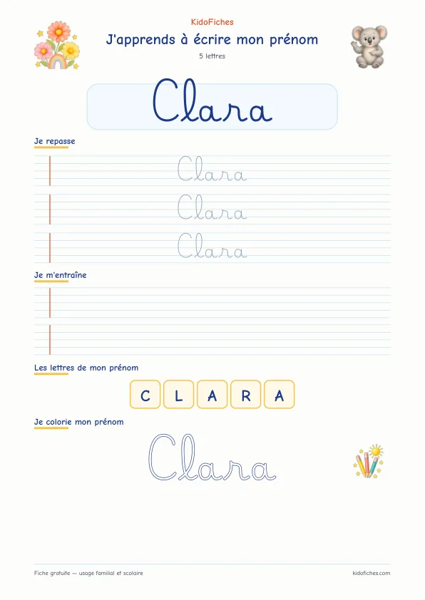 Aperçu de la fiche prénom Clara en écriture cursive