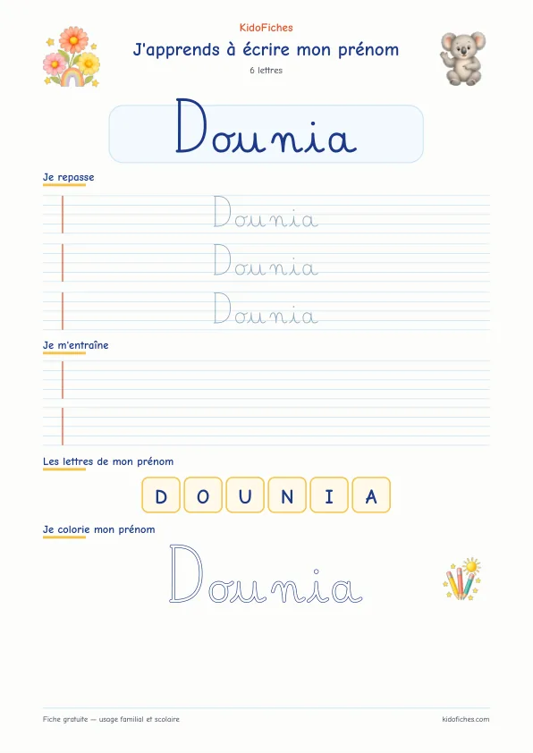 Aperçu de la fiche prénom Dounia en écriture cursive