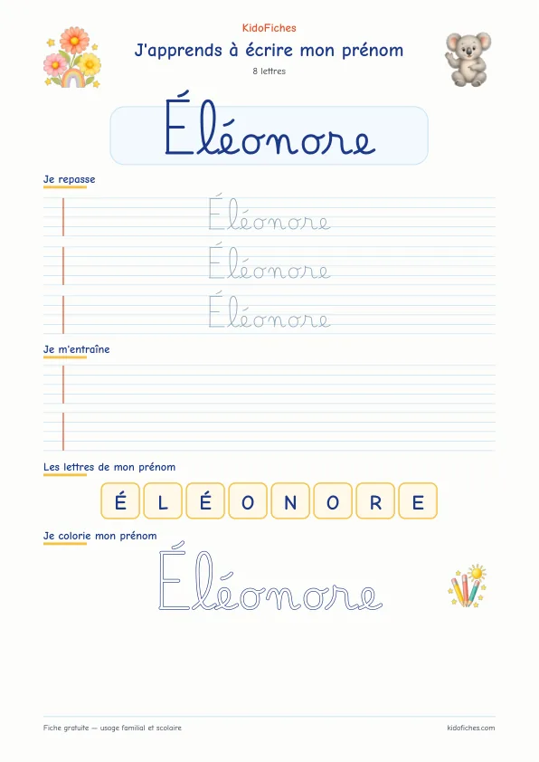 Aperçu de la fiche prénom Éléonore en écriture cursive