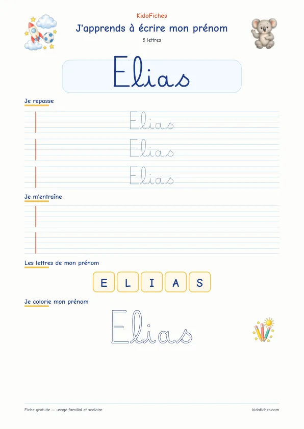 Aperçu de la fiche prénom Elias en écriture cursive