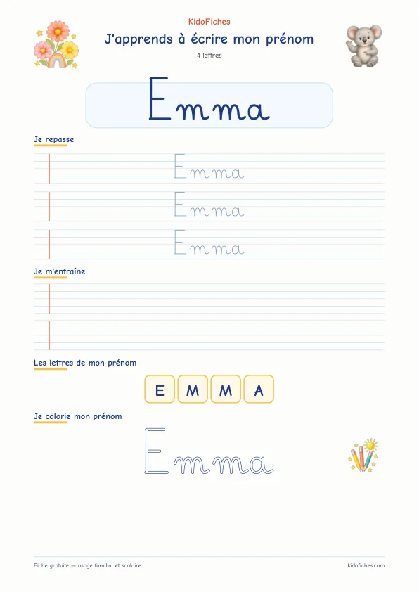 Aperçu de la fiche prénom Emma en écriture cursive