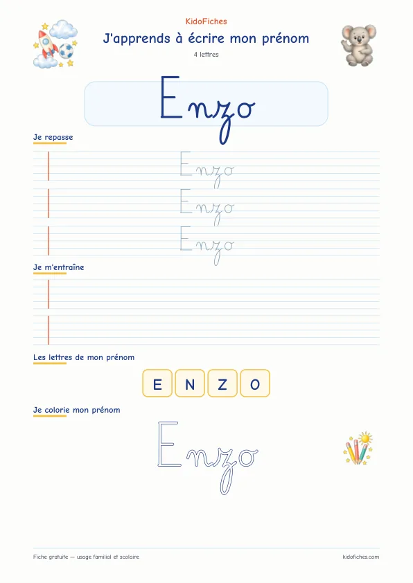 Aperçu de la fiche prénom Enzo en écriture cursive