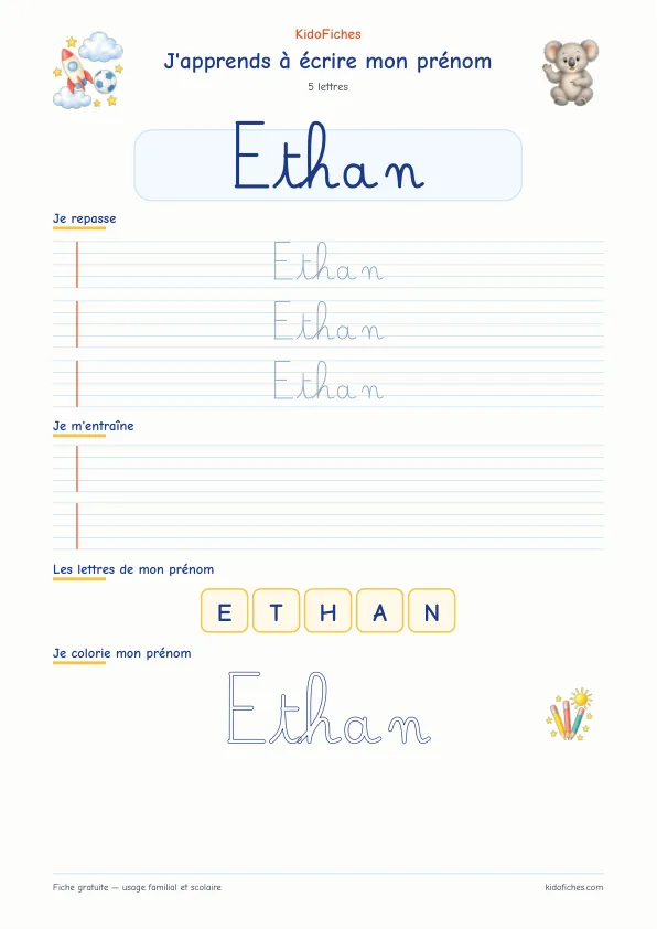 Aperçu de la fiche prénom Ethan en écriture cursive