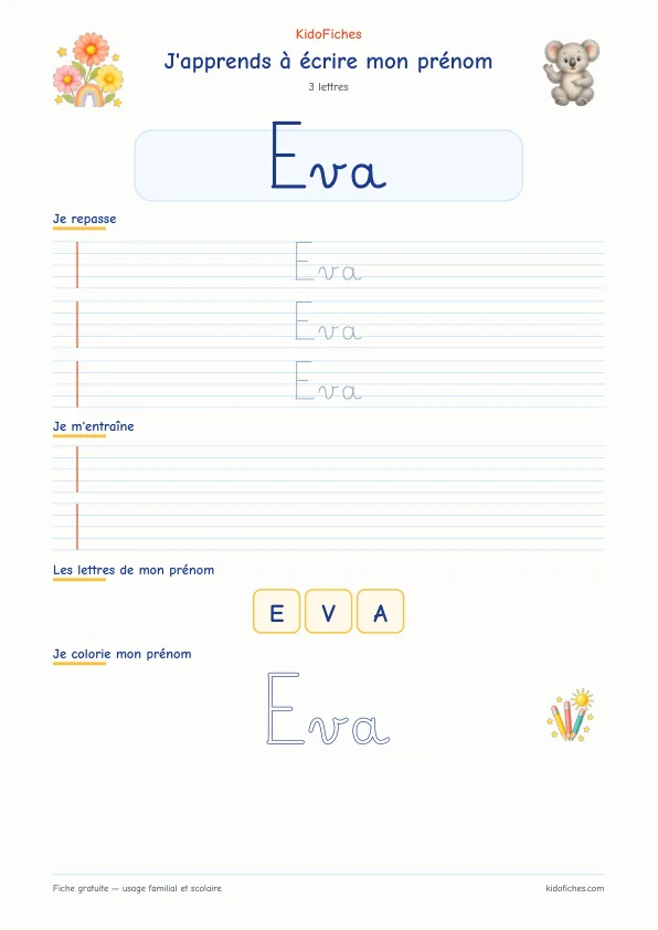 Aperçu de la fiche prénom Eva en écriture cursive