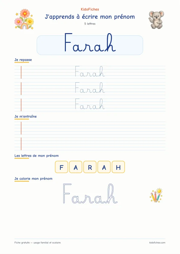 Aperçu de la fiche prénom Farah en écriture cursive