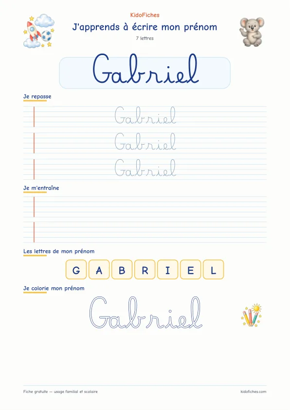 Aperçu de la fiche prénom Gabriel en écriture cursive