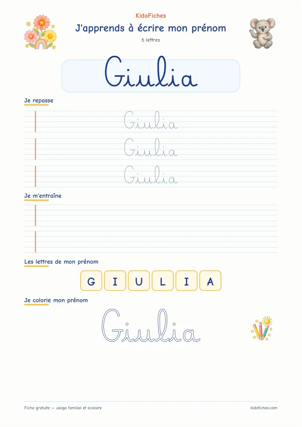Aperçu de la fiche prénom Giulia en écriture cursive