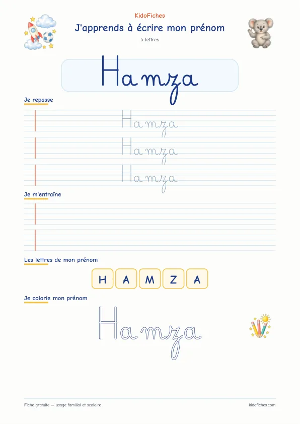 Aperçu de la fiche prénom Hamza en écriture cursive