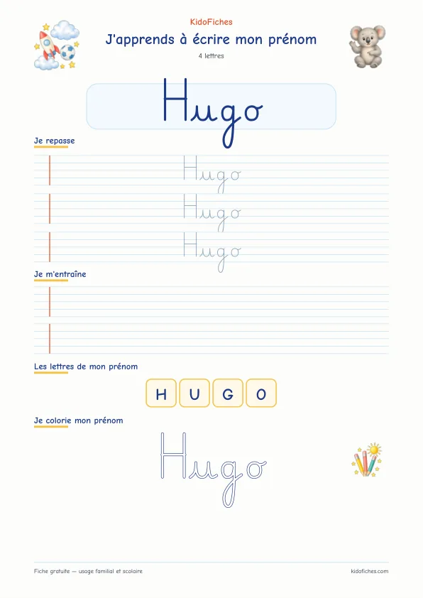 Aperçu de la fiche prénom Hugo en écriture cursive