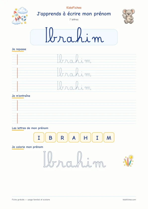 Aperçu de la fiche prénom Ibrahim en écriture cursive
