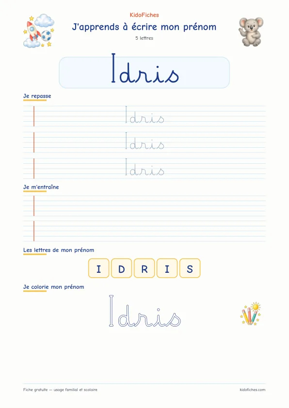 Aperçu de la fiche prénom Idris en écriture cursive