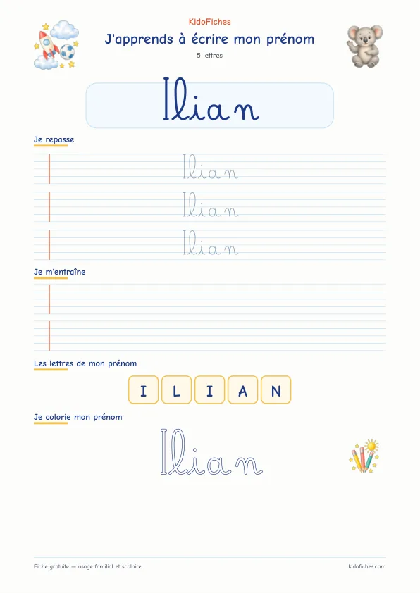 Aperçu de la fiche prénom Ilian en écriture cursive