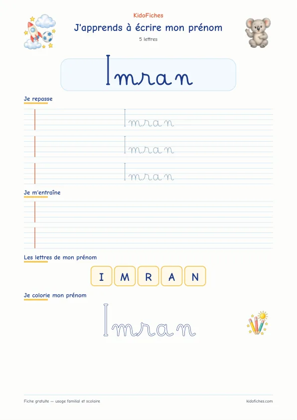 Aperçu de la fiche prénom Imran en écriture cursive