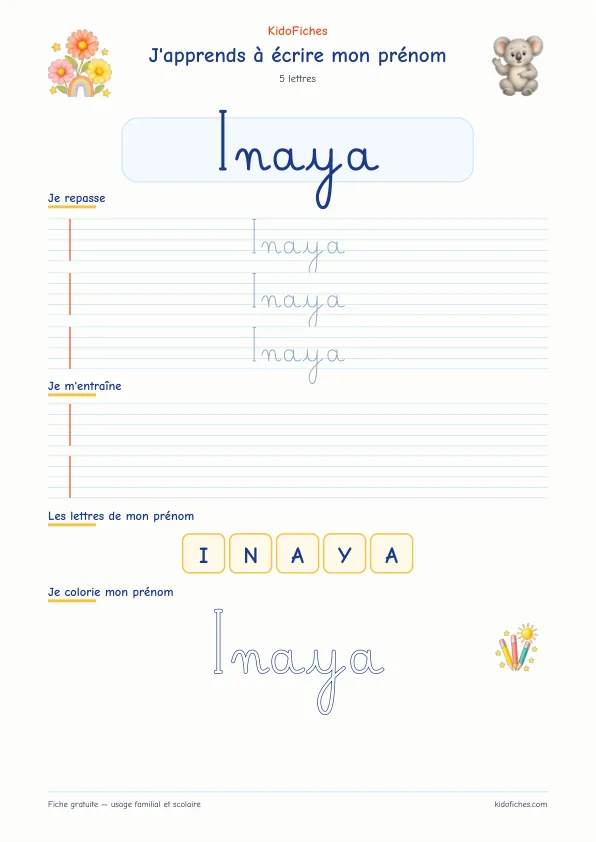Aperçu de la fiche prénom Inaya en écriture cursive