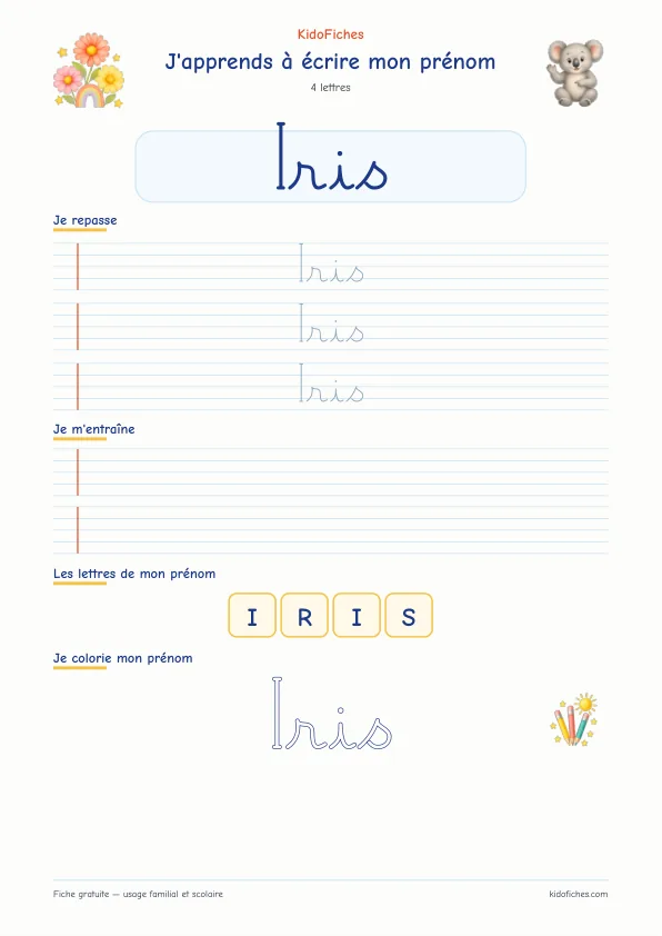 Aperçu de la fiche prénom Iris en écriture cursive