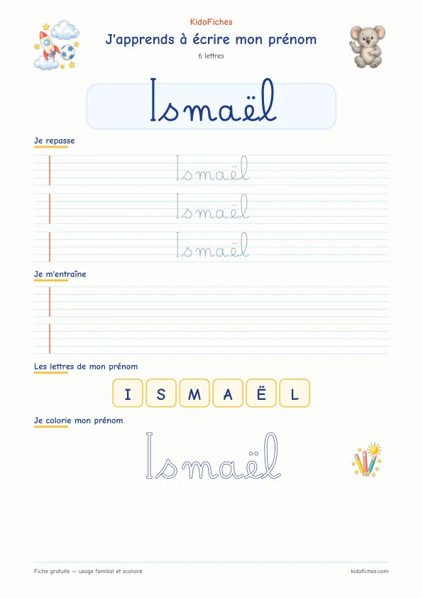 Aperçu de la fiche prénom Ismaël en écriture cursive