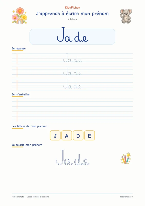 Aperçu de la fiche prénom Jade en écriture cursive