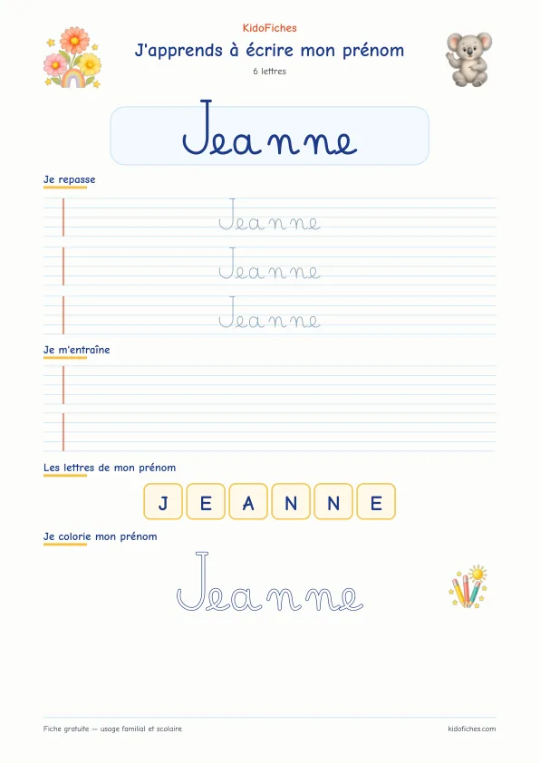Aperçu de la fiche prénom Jeanne en écriture cursive