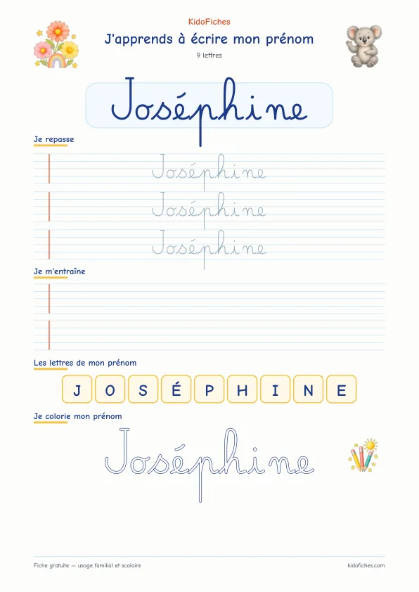 Aperçu de la fiche prénom Joséphine en écriture cursive