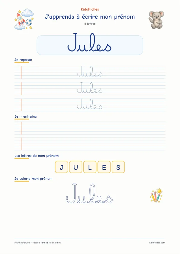 Aperçu de la fiche prénom Jules en écriture cursive
