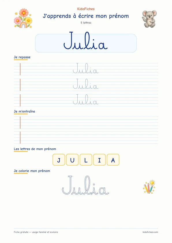 Aperçu de la fiche prénom Julia en écriture cursive