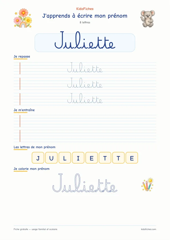 Aperçu de la fiche prénom Juliette en écriture cursive