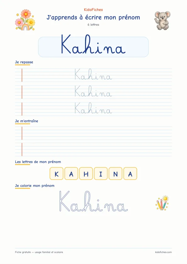 Aperçu de la fiche prénom Kahina en écriture cursive