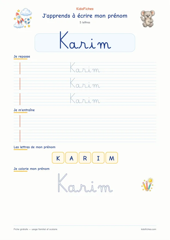 Aperçu de la fiche prénom Karim en écriture cursive
